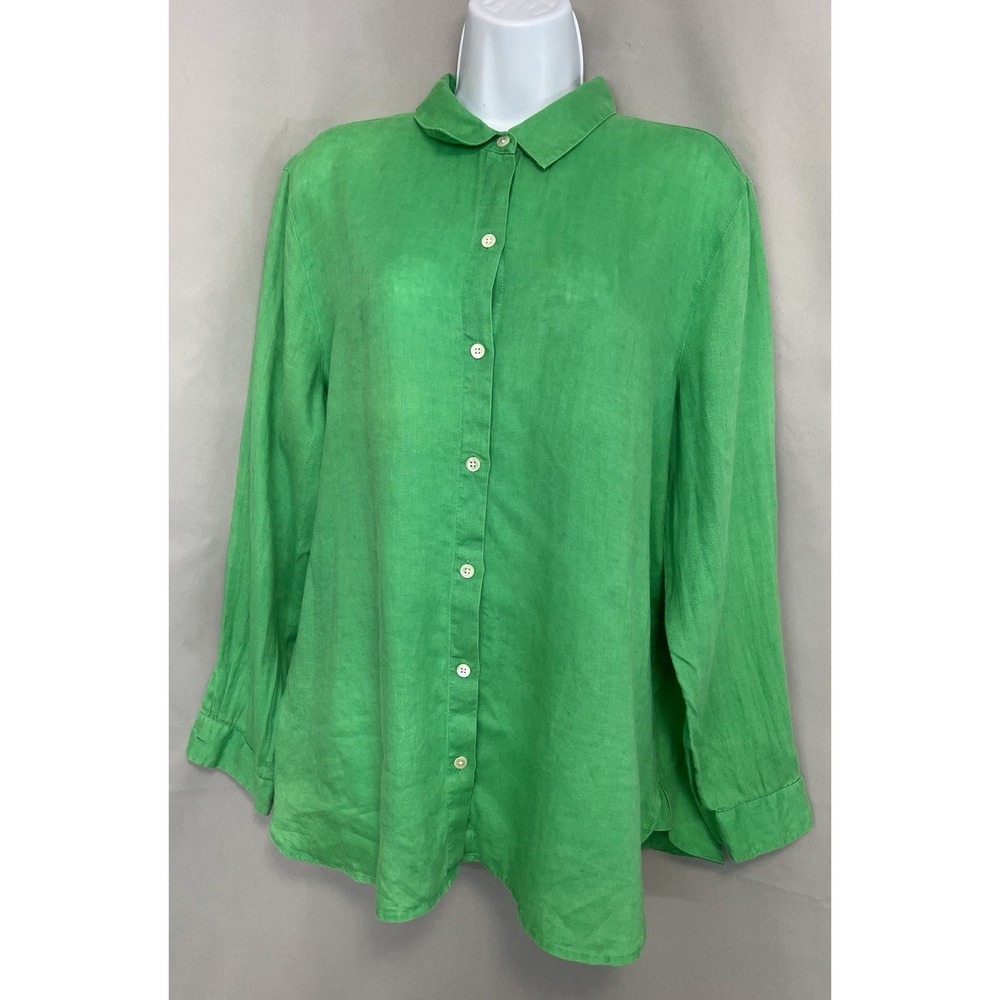 J Jill Love Linen Women's Button Front Blouse Green Size Medium 100% Linen - Picture 2 of 10
